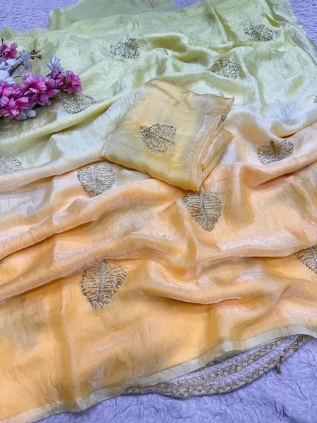 Yellow Mint Green Shard Color Space Silk Saree with Beautiful Semi Beads Embroidery Bollywood Fancy Sarees Wholesale