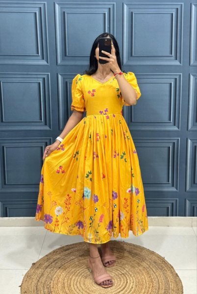 Yellow Muslin Cotton Printed Frock with Puff Sleeves Summer Special Collection Cotton Kurtis Wholesale