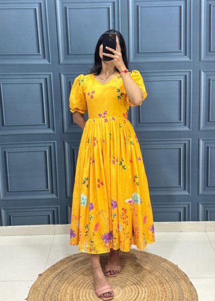 Yellow Muslin Cotton Printed Frock with Puff Sleeves Summer Special Collection Cotton Kurtis Wholesale