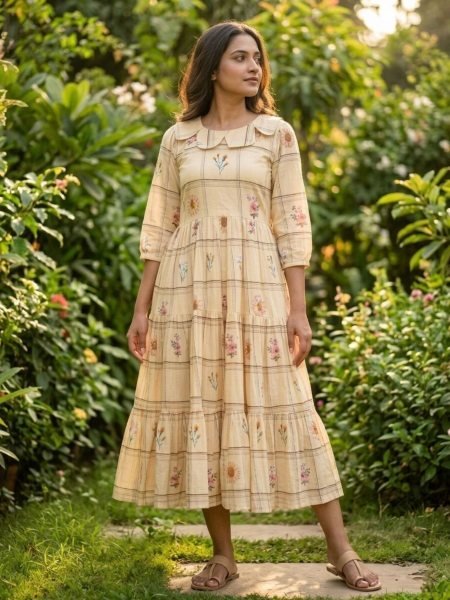 Yellow Muslin Silk Tiered Maxi Dress with Gingham Print and Floral Detail Kurtis