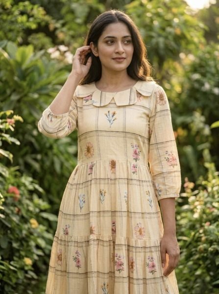 Yellow Muslin Silk Tiered Maxi Dress with Gingham Print and Floral Detail Western Ladies Top Wholesale