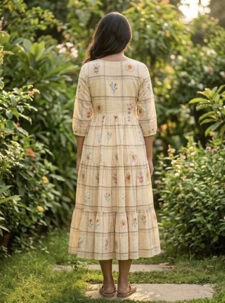 Yellow Muslin Silk Tiered Maxi Dress with Gingham Print and Floral Detail Western Ladies Top Wholesale