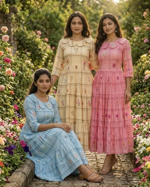 Yellow Muslin Silk Tiered Maxi Dress with Gingham Print and Floral Detail Western Ladies Top Wholesale