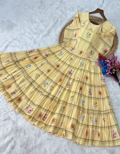 Yellow Muslin Silk Tiered Maxi Dress with Gingham Print and Floral Detail Western Ladies Top Wholesale