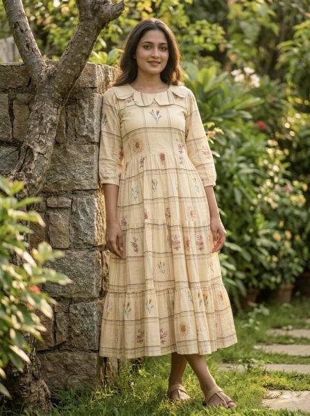 Yellow Muslin Silk Tiered Maxi Dress with Gingham Print and Floral Detail Western Ladies Top Wholesale