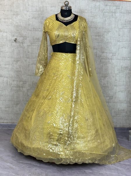 Yellow Net Lehenga with Sequins Detailing and Dupatta for Haldi Celebration Outfit Designer Lehenga Choli