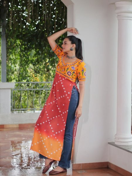 Yellow Orange Gamthi Embroidery Kurti In Rayon Wholesale Festival Wear Navratri Collection