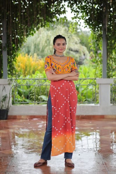 Yellow Orange Gamthi Embroidery Kurti In Rayon Wholesale Festival Wear Navratri Collection