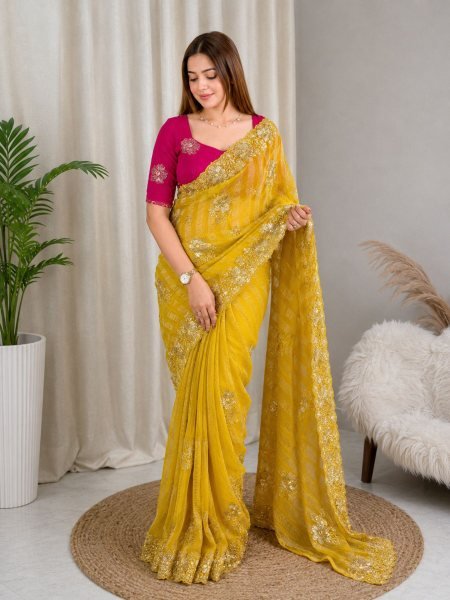 Yellow Party Wear Alfino Chiffon Saree with Heavy Beads Work and Designer Blouse Sarees 