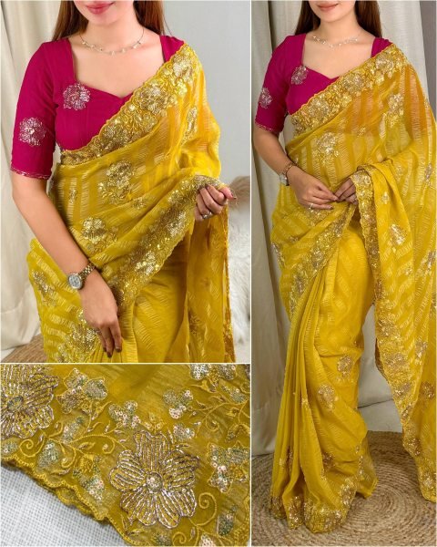 Yellow Party Wear Alfino Chiffon Saree with Heavy Beads Work and Designer Blouse Pure Chiffon Sarees Wholesale