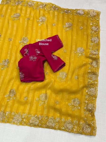 Yellow Party Wear Alfino Chiffon Saree with Heavy Beads Work and Designer Blouse Pure Chiffon Sarees Wholesale