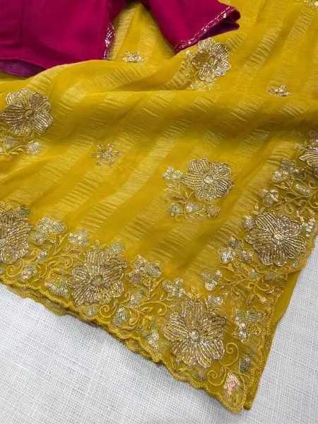 Yellow Party Wear Alfino Chiffon Saree with Heavy Beads Work and Designer Blouse Pure Chiffon Sarees Wholesale