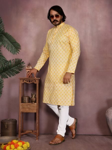 Yellow Premium Cotton Sequence Work Kurta Pyjama Haldi Special Mens Wear