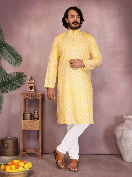 Yellow Premium Cotton Sequence Work Kurta Pyjama Haldi Special Kurta Pajama Wholesale