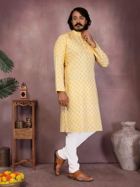 Yellow Premium Cotton Sequence Work Kurta Pyjama Haldi Special Kurta Pajama Wholesale
