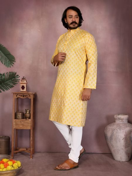 Yellow Premium Cotton Sequence Work Kurta Pyjama Haldi Special Kurta Pajama Wholesale