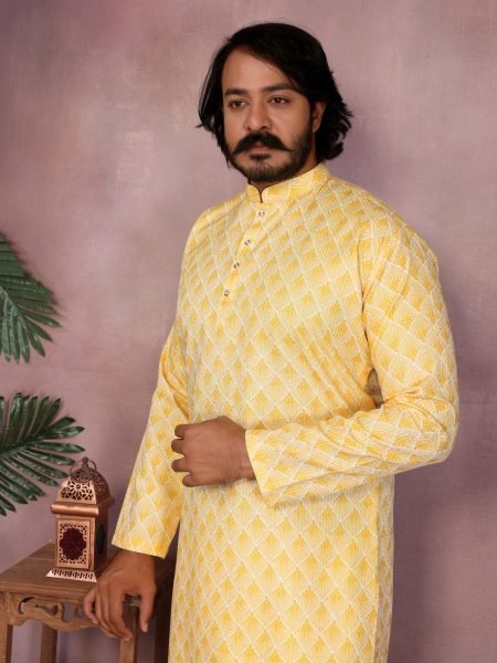 Yellow Premium Cotton Sequence Work Kurta Pyjama Haldi Special Kurta Pajama Wholesale