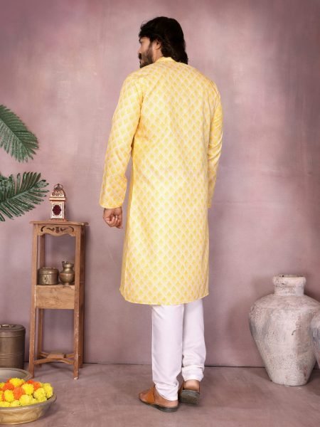 Yellow Premium Cotton Sequence Work Kurta Pyjama Haldi Special Kurta Pajama Wholesale