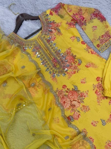 Yellow Premium Festive Wear Suit Set With Dupatta In  Heavy Stone Mirror Hand Work 3 Piece Kurti Set