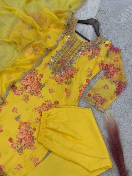 Yellow Premium Festive Wear Suit Set With Dupatta In  Heavy Stone Mirror Hand Work 3 Piece Kurti Set