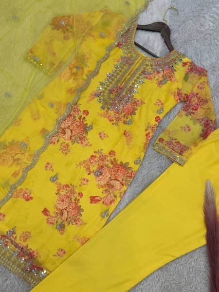 Yellow Premium Festive Wear Suit Set With Dupatta In  Heavy Stone Mirror Hand Work 3 Piece Kurti Set