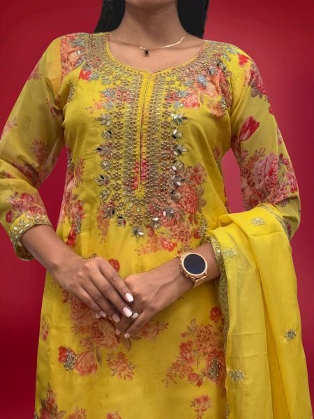 Yellow Premium Festive Wear Suit Set With Dupatta In  Heavy Stone Mirror Hand Work 3 Piece Kurti Set