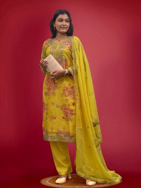 Yellow Premium Festive Wear Suit Set With Dupatta In  Heavy Stone Mirror Hand Work 3 Piece Kurti Set