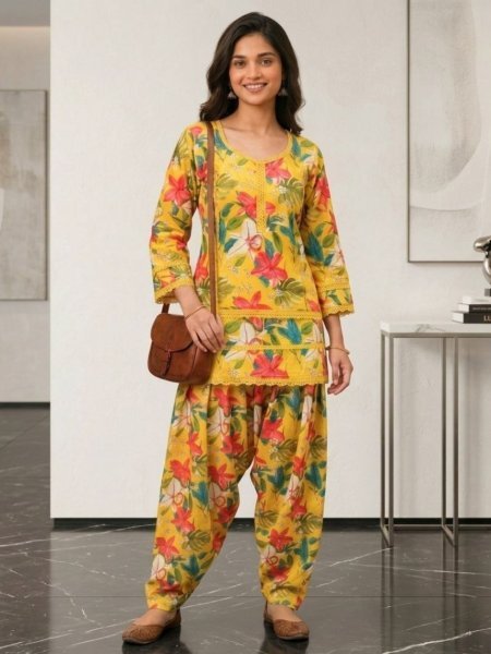 Yellow Premium Soft Cotton Farshi Co Ord Set with Lace Border for Festive Wear Kurtis