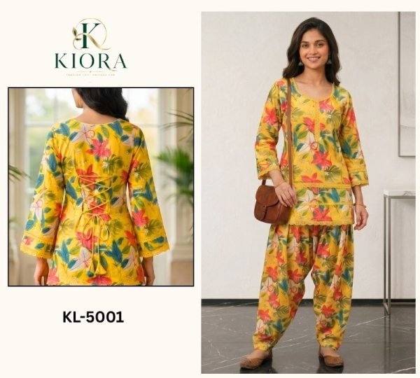 Yellow Premium Soft Cotton Farshi Co Ord Set with Lace Border for Festive Wear Full Set Kurti