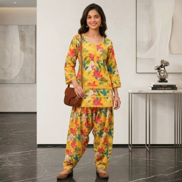 Yellow Premium Soft Cotton Farshi Co Ord Set with Lace Border for Festive Wear Full Set Kurti