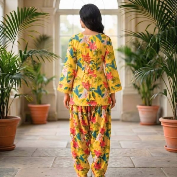 Yellow Premium Soft Cotton Farshi Co Ord Set with Lace Border for Festive Wear Full Set Kurti