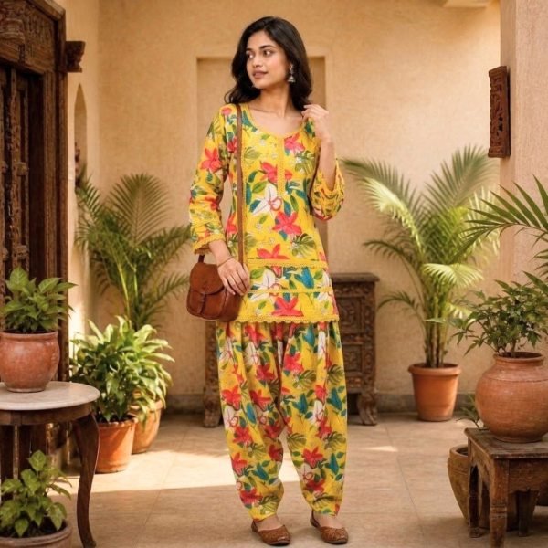 Yellow Premium Soft Cotton Farshi Co Ord Set with Lace Border for Festive Wear Full Set Kurti