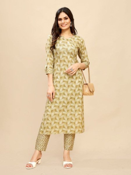 Yellow Printed Cotton Kurta Pant Set 2PC Daily Wear Outfit for Women Ready to Wear at Wholesale Price  Straight Cut Long Kurtis