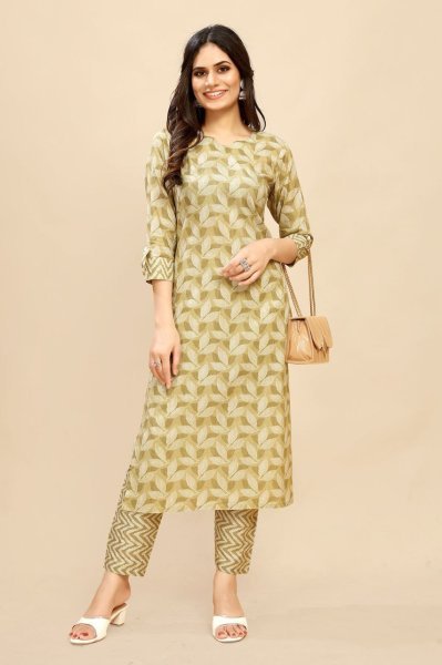 Yellow Printed Cotton Kurta Pant Set 2PC Daily Wear Outfit for Women Ready to Wear at Wholesale Price  Straight Cut Long Kurtis