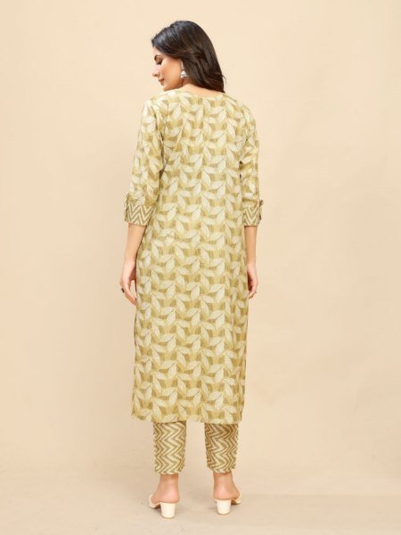 Yellow Printed Cotton Kurta Pant Set 2PC Daily Wear Outfit for Women Ready to Wear at Wholesale Price  Straight Cut Long Kurtis
