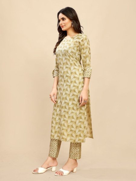 Yellow Printed Cotton Kurta Pant Set 2PC Daily Wear Outfit for Women Ready to Wear at Wholesale Price  Straight Cut Long Kurtis