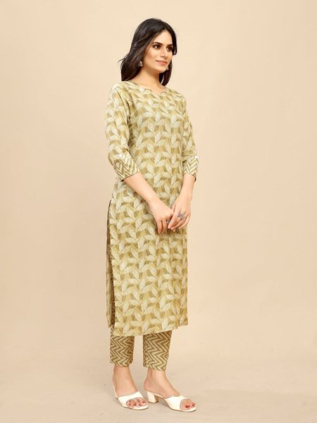 Yellow Printed Cotton Kurta Pant Set 2PC Daily Wear Outfit for Women Ready to Wear at Wholesale Price  Straight Cut Long Kurtis