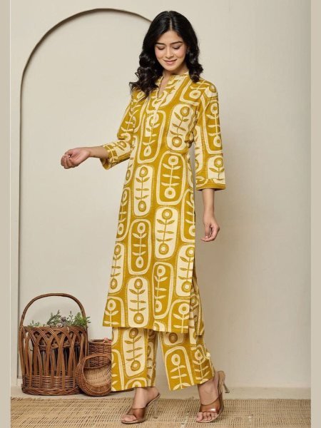 Yellow Printed Ready to Wear Digital Print Kurti with Matching Pant for Everyday Wear Kurti With Bottom Wholesale