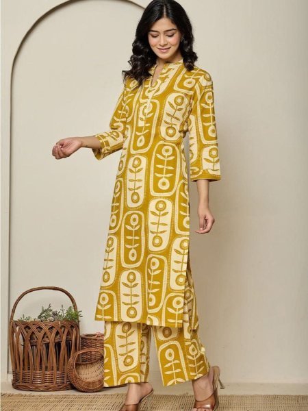 Yellow Printed Ready to Wear Digital Print Kurti with Matching Pant for Everyday Wear Kurti With Bottom Wholesale