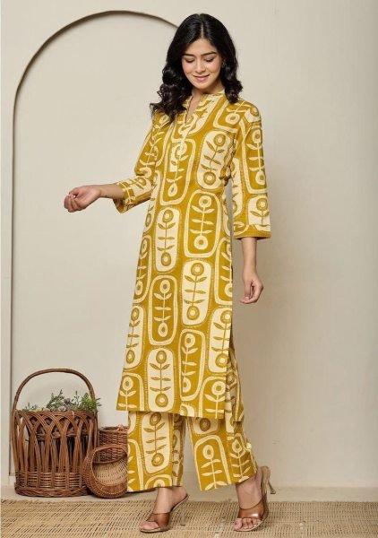 Yellow Printed Ready to Wear Digital Print Kurti with Matching Pant for Everyday Wear Kurti With Bottom Wholesale