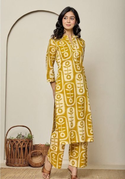 Yellow Printed Ready to Wear Digital Print Kurti with Matching Pant for Everyday Wear Kurti With Bottom Wholesale