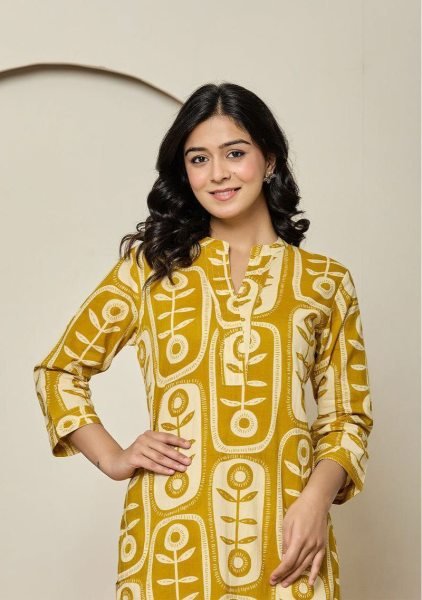 Yellow Printed Ready to Wear Digital Print Kurti with Matching Pant for Everyday Wear Kurti With Bottom Wholesale