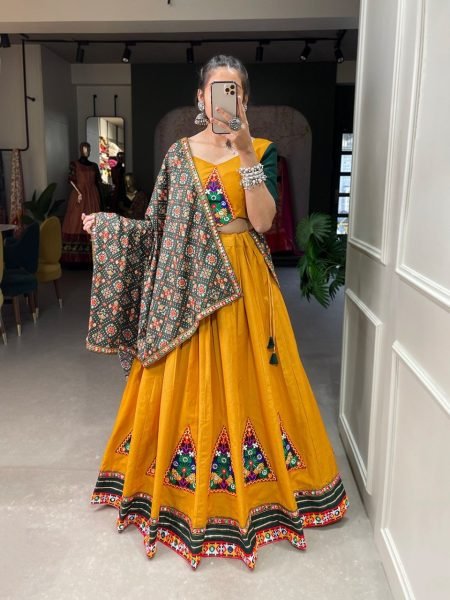 Yellow Pure Cotton Gamthi Work Lehenga Choli Navratri Lehnega Choli