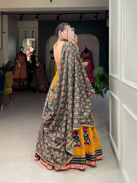 Yellow Pure Cotton Gamthi Work Lehenga Choli Navratri Lehnega Choli