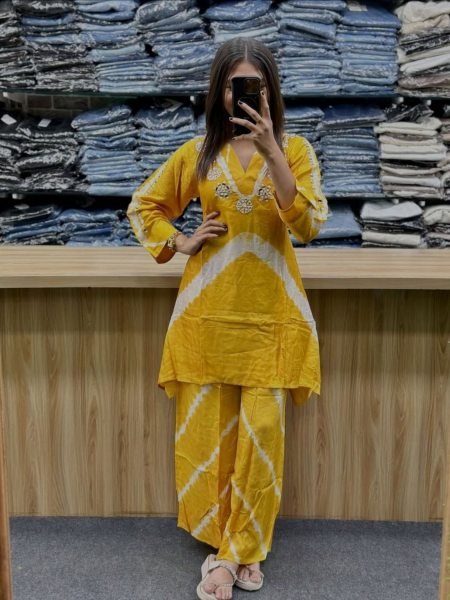 Yellow Pure Cotton Tie-Dye Print Kurta Co-ord Set with Neck And Sleeve Handwork 