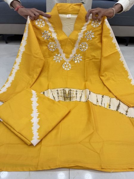 Yellow Pure Cotton Tie-Dye Print Kurta Co-ord Set with Neck And Sleeve Handwork CO ORD Sets