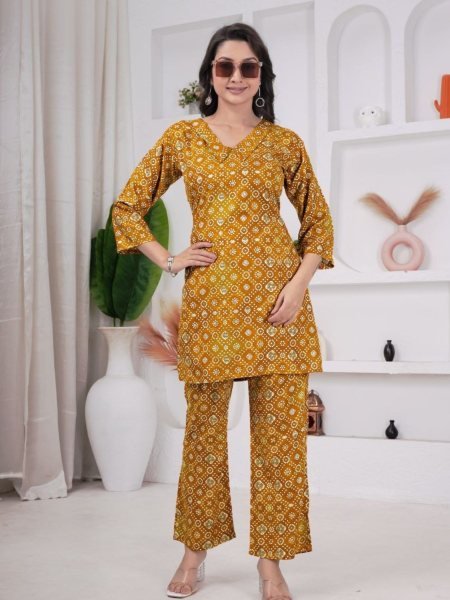 Yellow Rayon Viscose Co Ord Set with Printed Design for Office Wear Kurtis