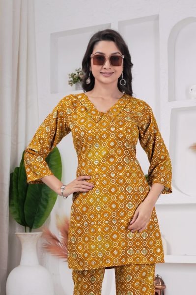 Yellow Rayon Viscose Co Ord Set with Printed Design for Office Wear CO ORD Sets