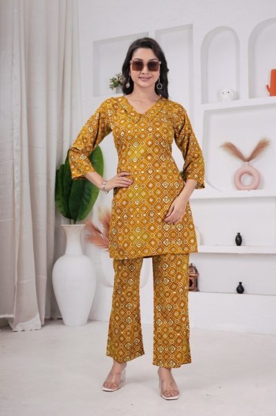 Yellow Rayon Viscose Co Ord Set with Printed Design for Office Wear CO ORD Sets