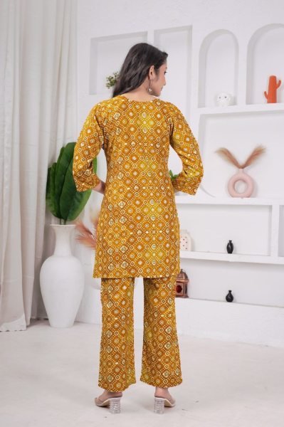 Yellow Rayon Viscose Co Ord Set with Printed Design for Office Wear CO ORD Sets